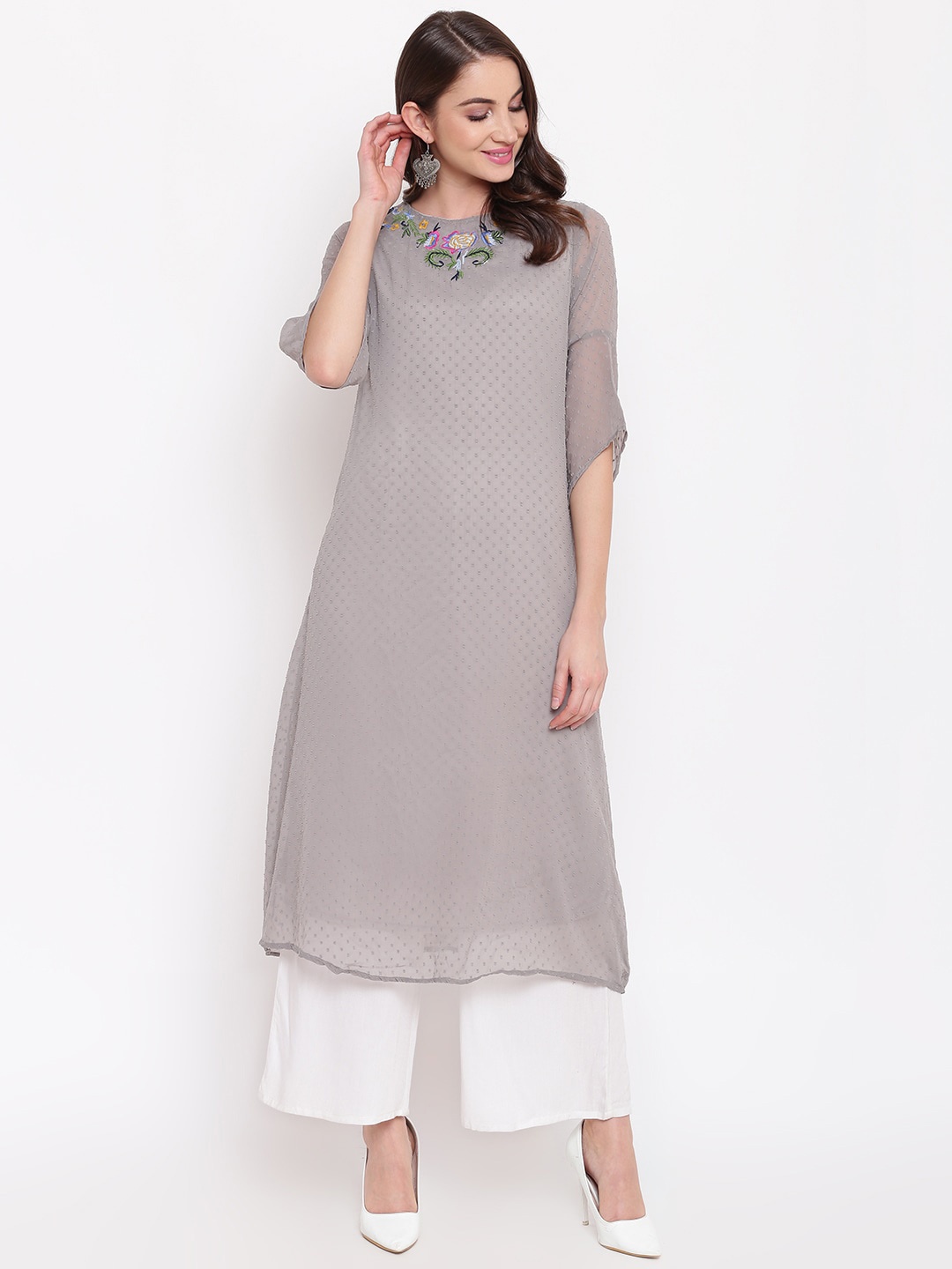 

Napra Bell Sleeves Woven Design Thread Work Georgette Kurta, Grey