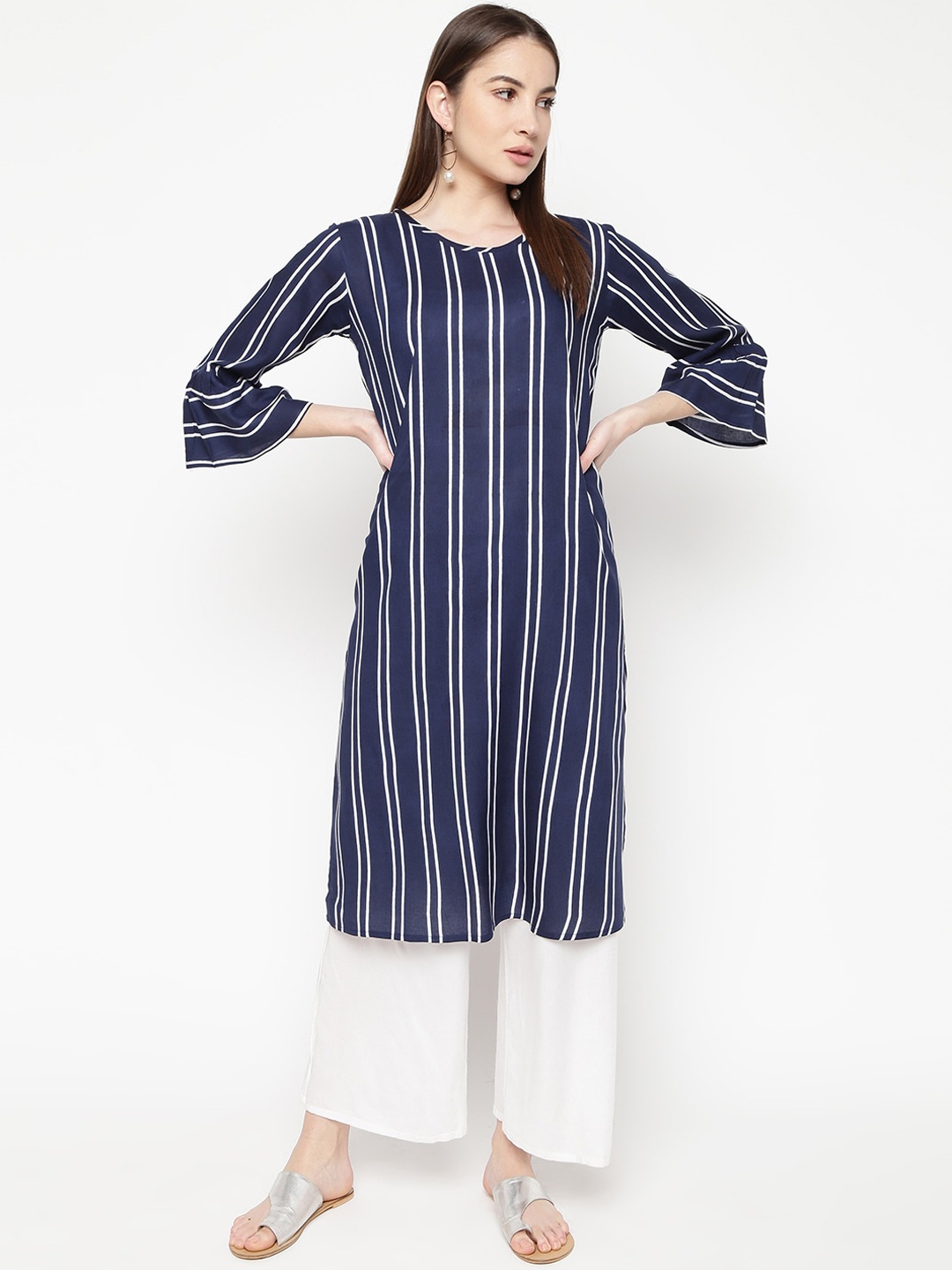 

Napra Bell Sleeves Striped Straight Kurta, Blue