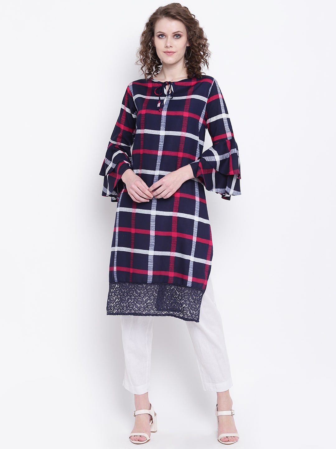 

Napra Checked Bell Sleeves Pure Cotton Straight Kurta, Fuchsia