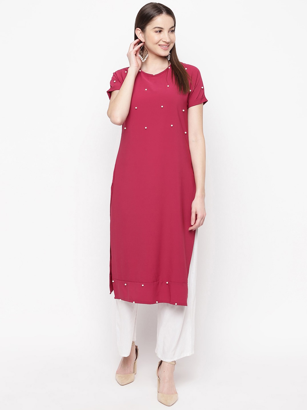 

Napra Extended Sleeves Bead Work Straight Kurta, Pink