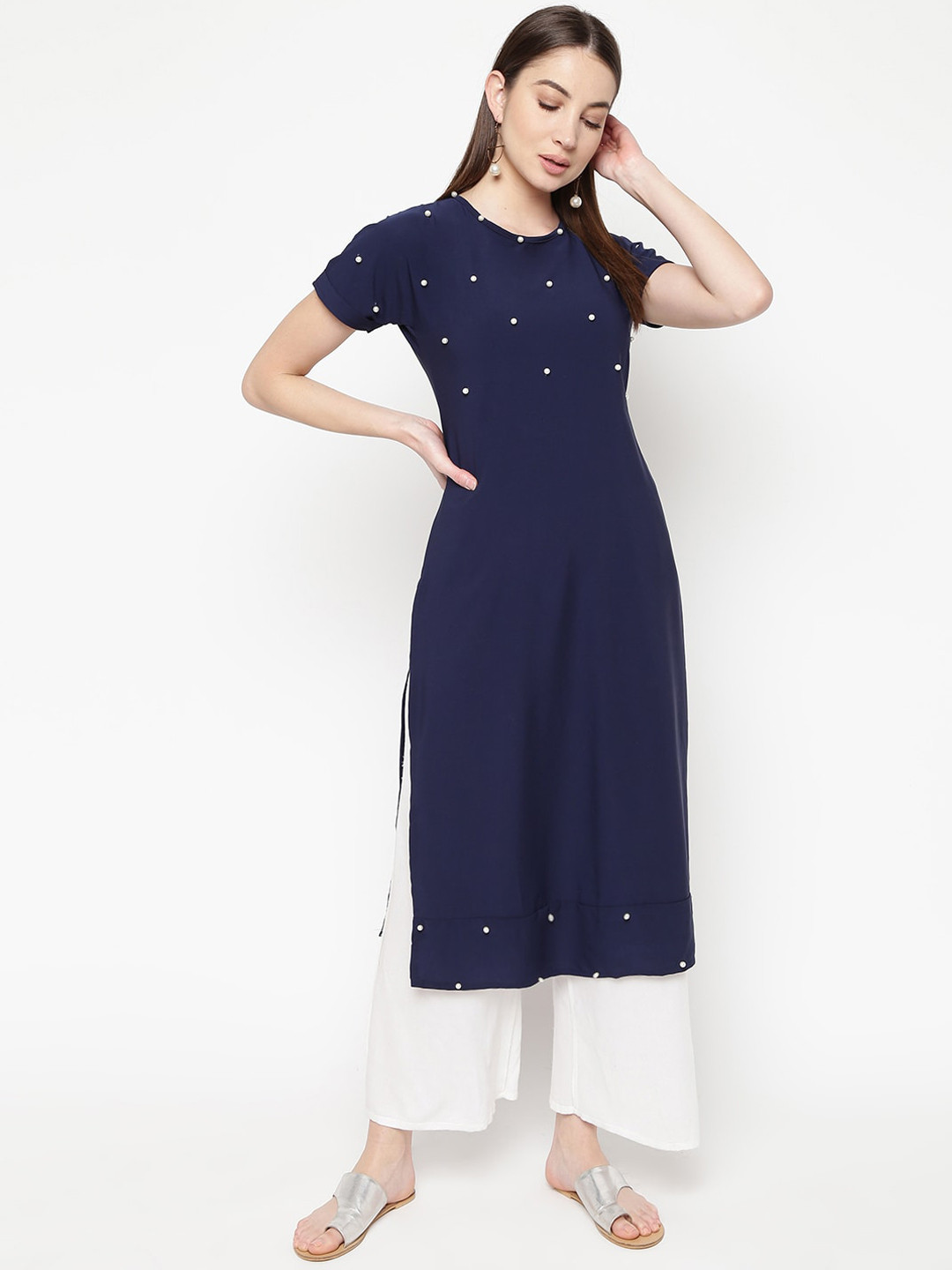 

Napra Extended Sleeves Bead Work Embellished Straight Kurta, Blue