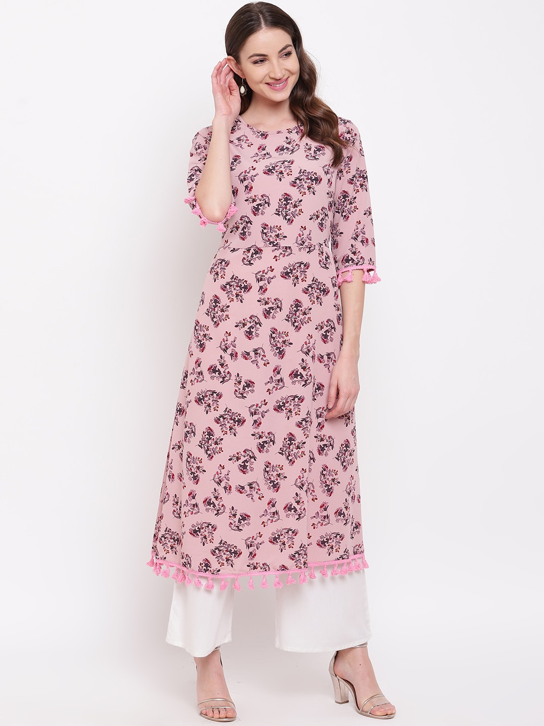 

Napra Floral Printed Tasselled A-Line Kurta, Pink