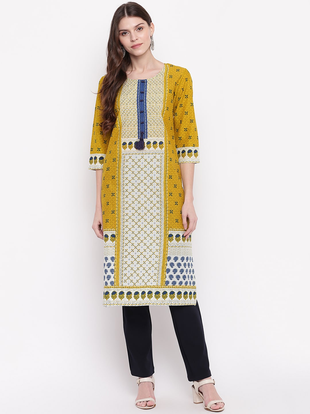 

Napra Ethnic Motifs Printed Bead Work Straight Pure Cotton Kurta, Yellow