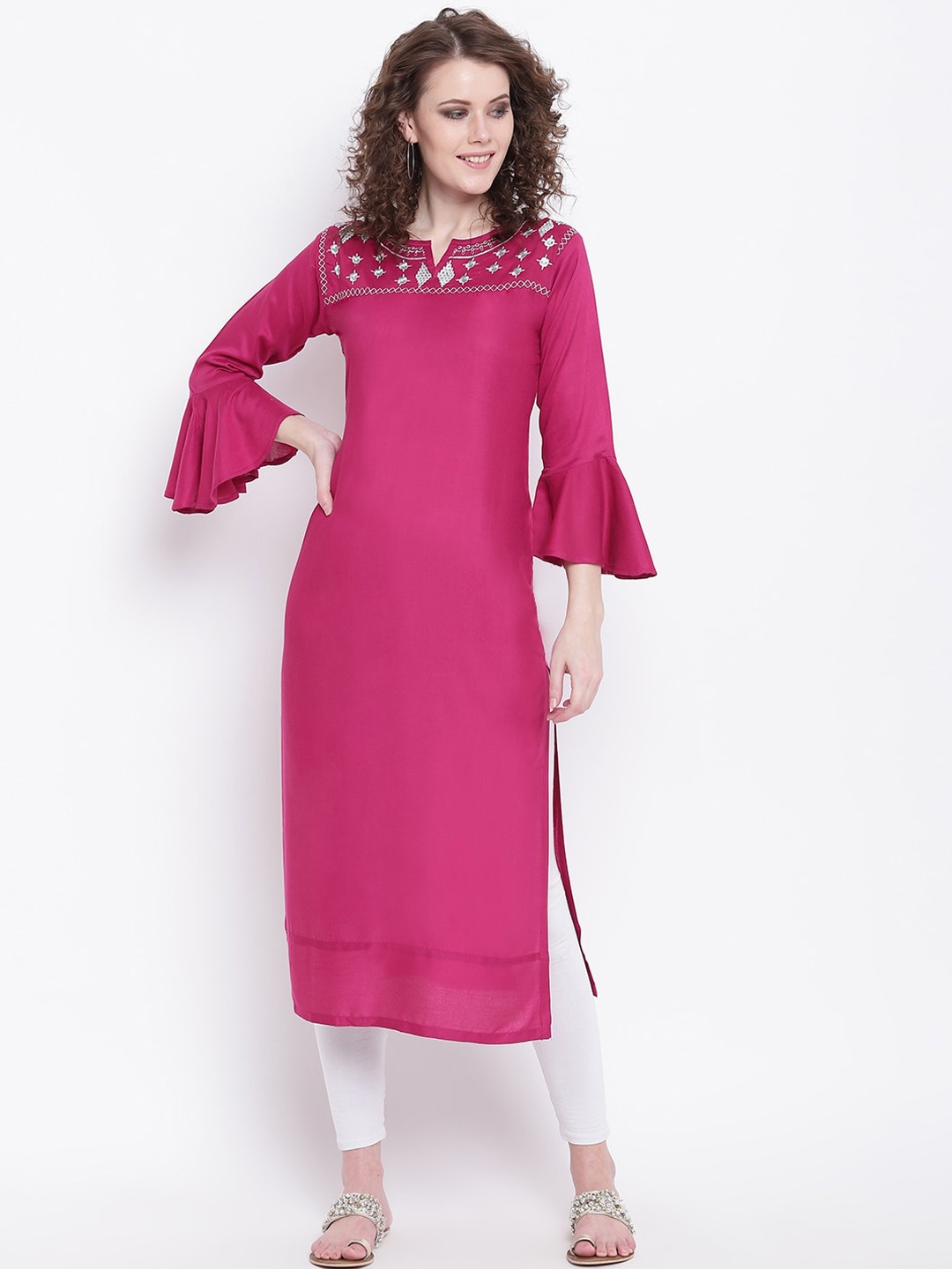 

Napra Ethnic Motifs Yoke Design Thread Work Bell Sleeves Notched Neck Kurta, Magenta