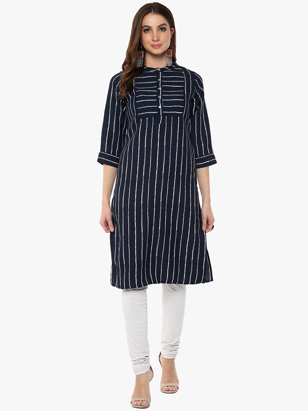 

Napra Band Collar Striped Straight Kurta, Navy blue