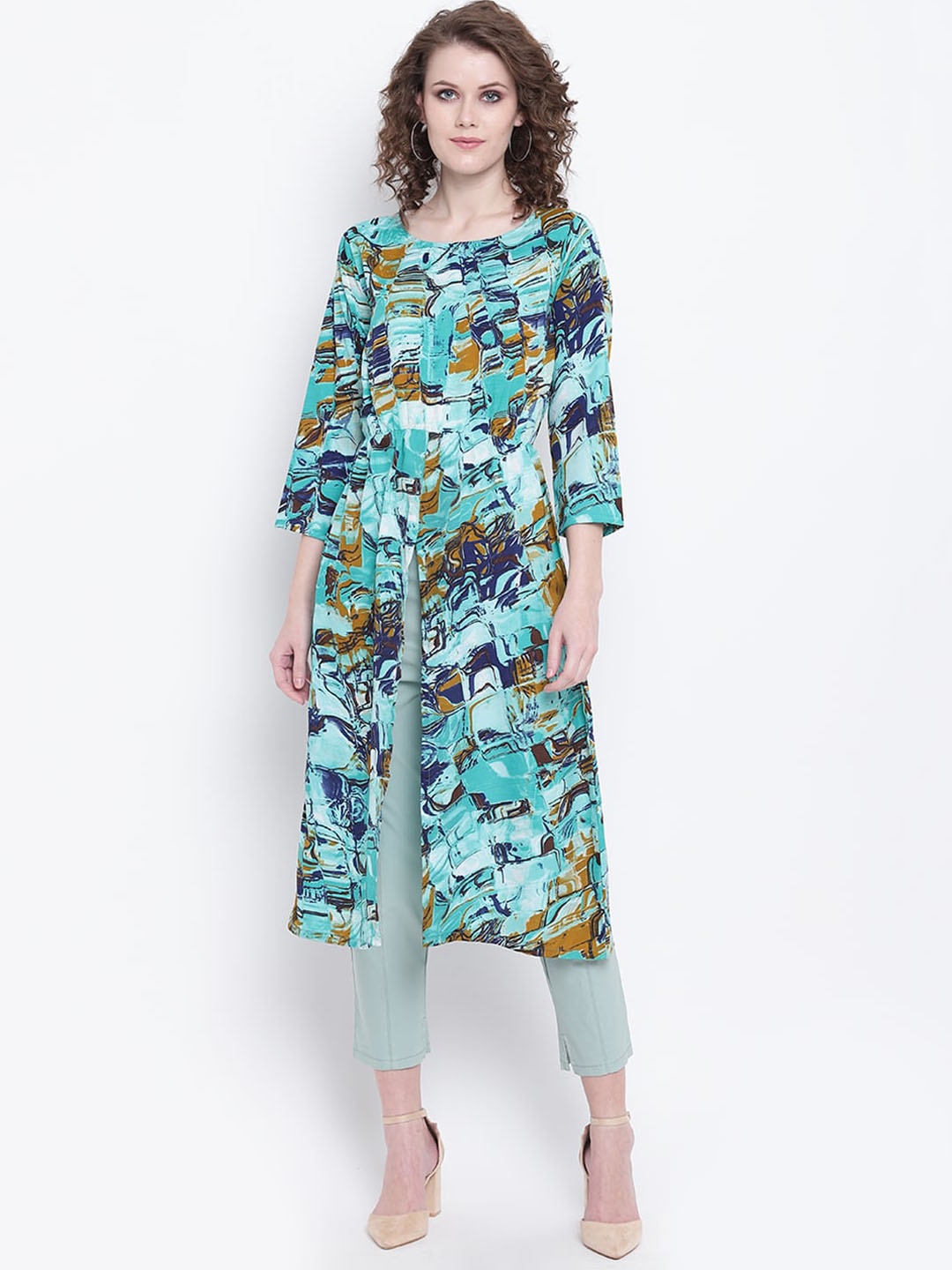 

Napra Front Slit Abstract Printed A-Line Kurta, Turquoise blue