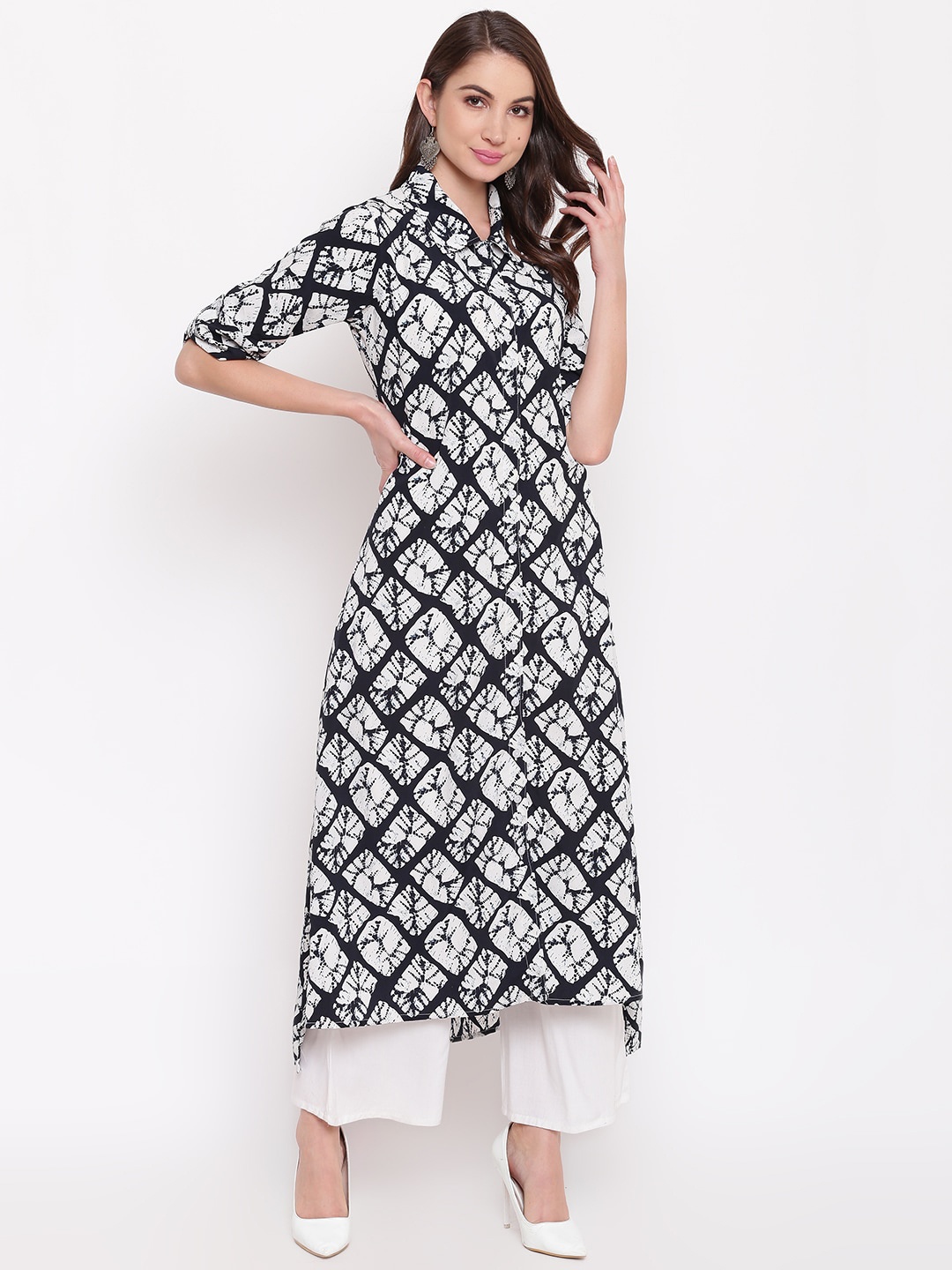 

Napra High Low Ethnic Motifs Printed Shirt Collar A-Line Kurta, Navy blue