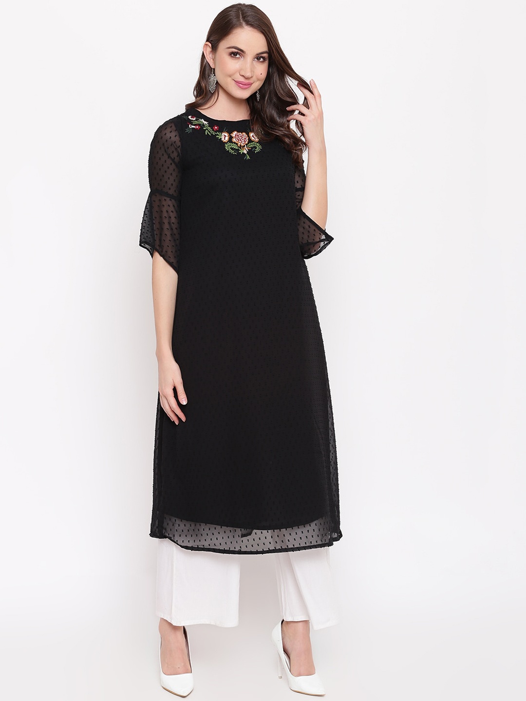 

Napra Floral Embroidered Bell Sleeves Dobby Georgette Kurta, Black
