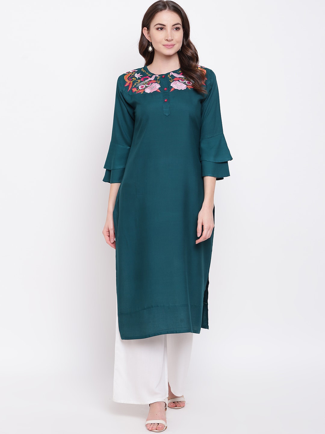 

Napra Bell Sleeves Floral Embroidered Straight Kurta, Teal