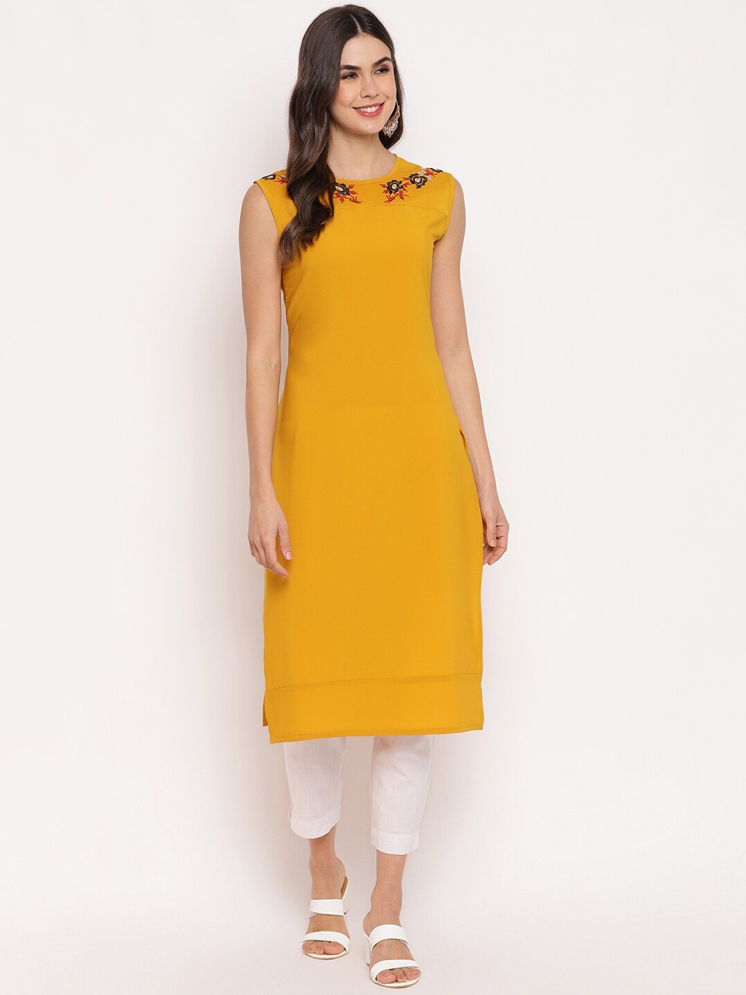 

Napra Floral Yoke Design Sleeveless Thread Work Kurta, Mustard