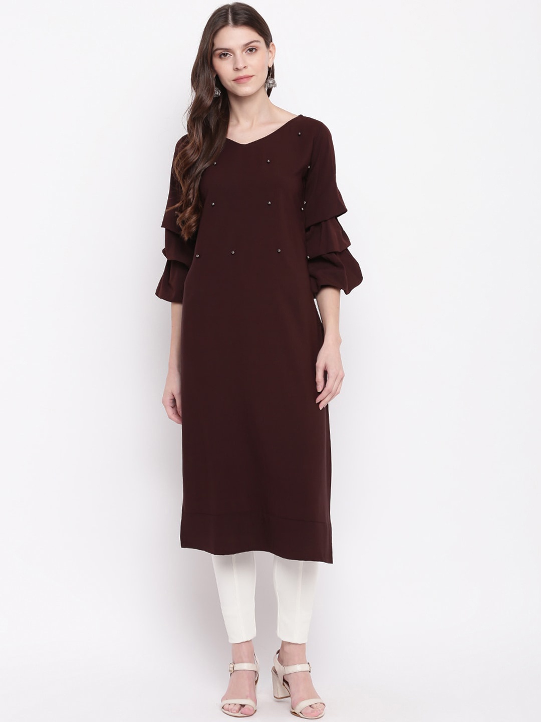 

Napra V-Neck Flared Sleeves Bead Work Straight Kurta, Burgundy
