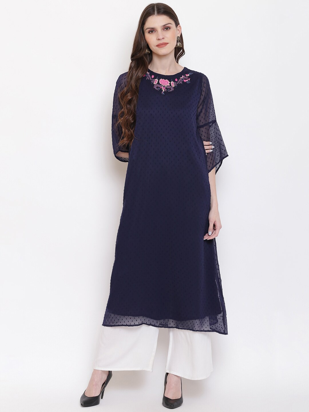 

Napra Floral Embroidered Bell Sleeves Dobby Georgette Kurta, Navy blue