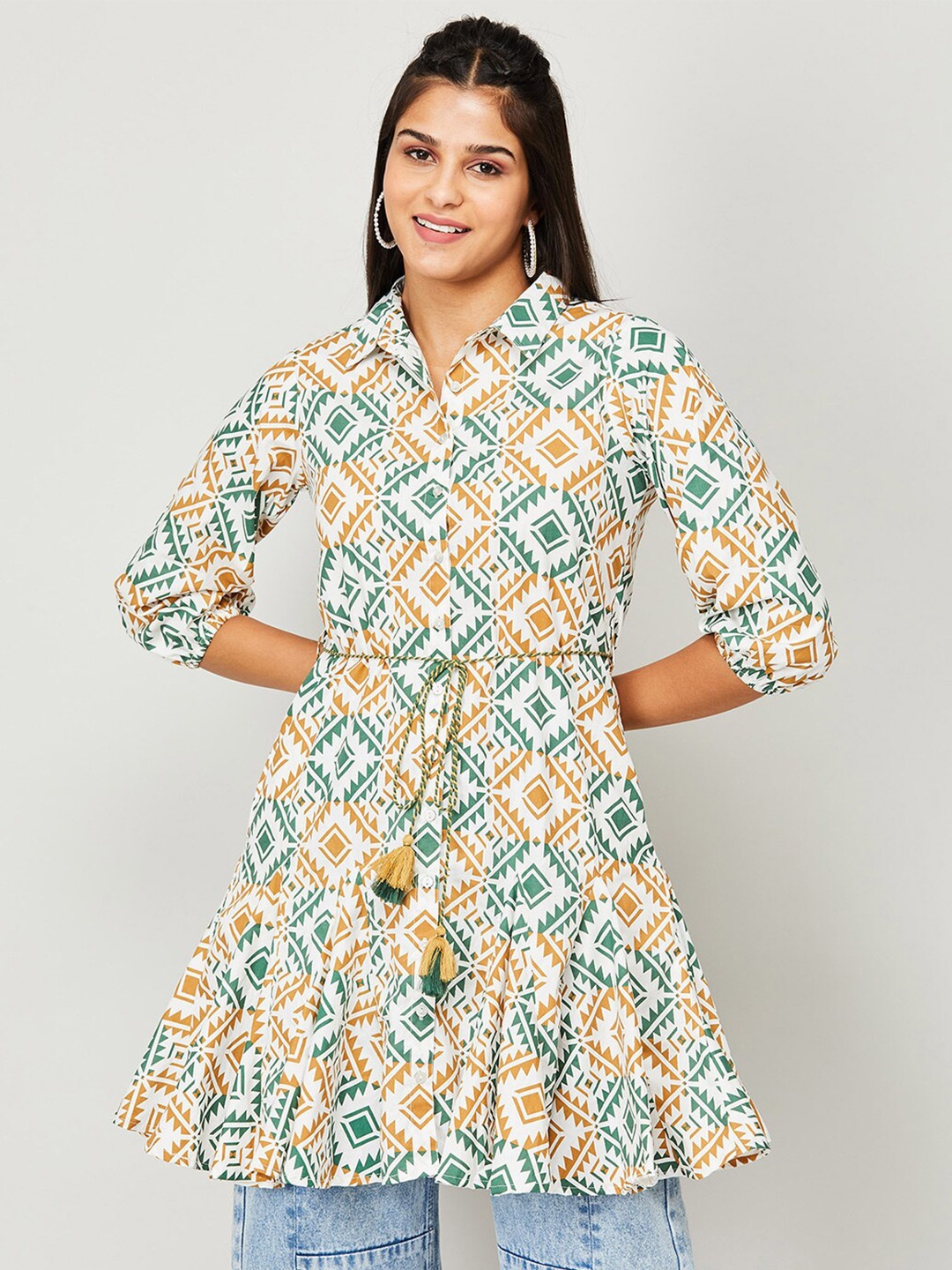 

Colour Me by Melange Geometric Printed Pure Cotton Shirt Collar Tunic, White