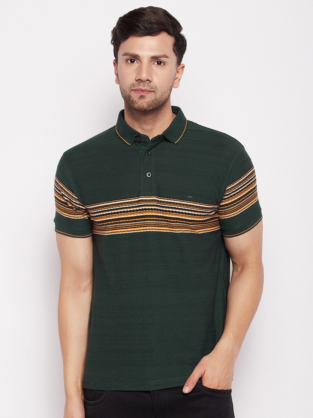 

Okane Striped Polo Collar T-shirt, Green