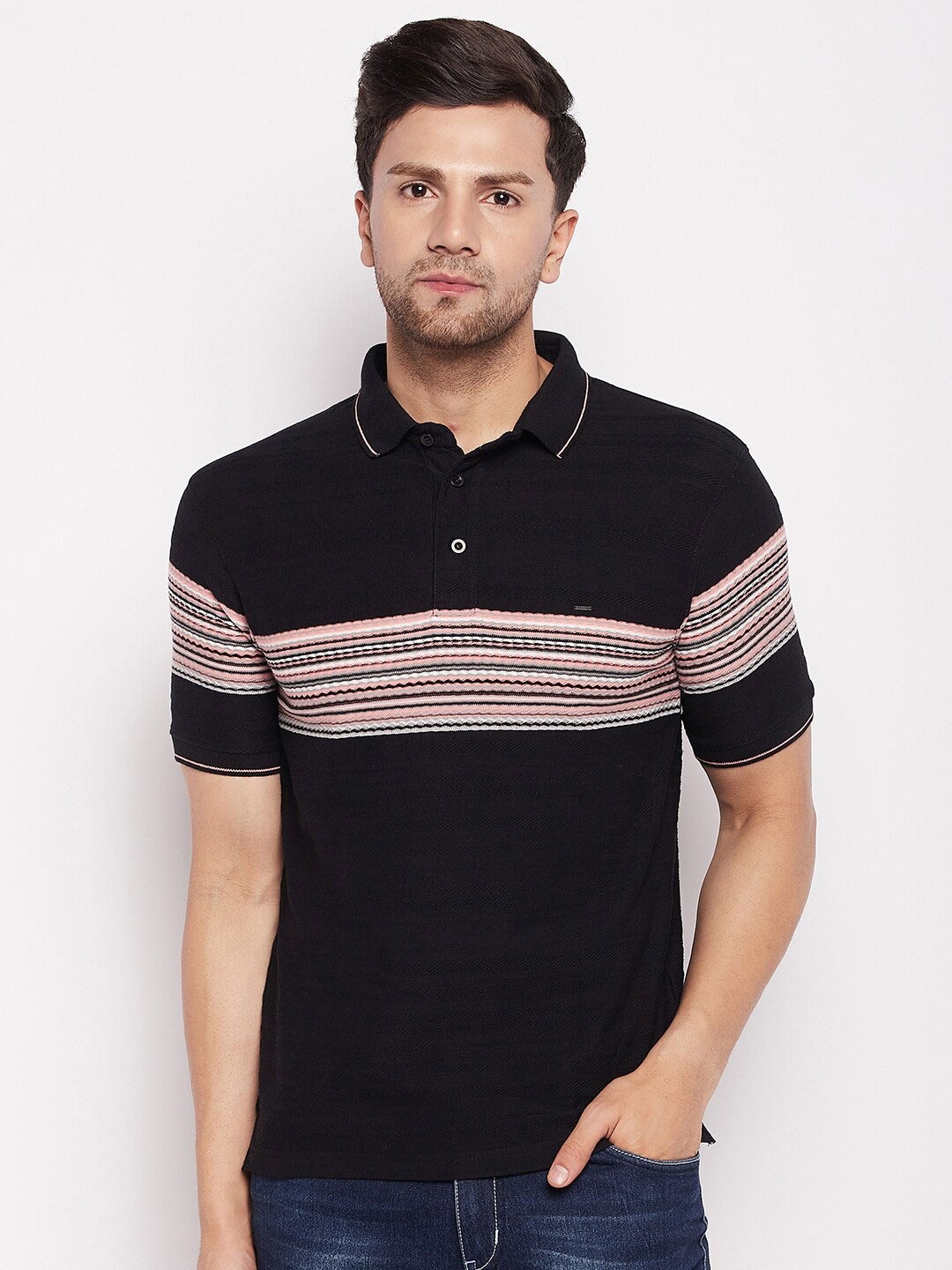 

Okane Striped Polo Collar T-Shirt, Black