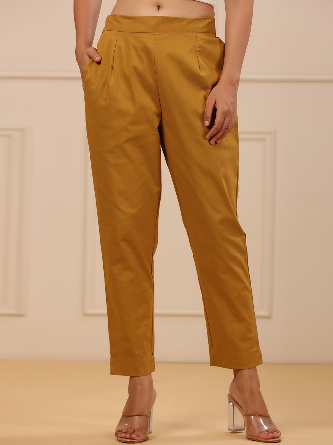 

Juniper Women Slim Fit Easy Wash Pleated Trousers, Mustard