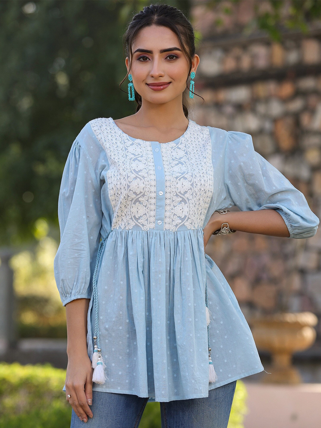 

Juniper Floral Embroidered Cotton Dobby Tunic, Blue