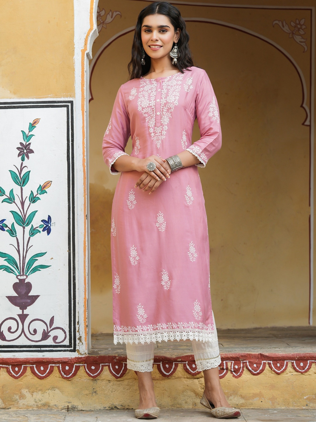 

Juniper Floral Printed Sequined Straight Kurta, Pink