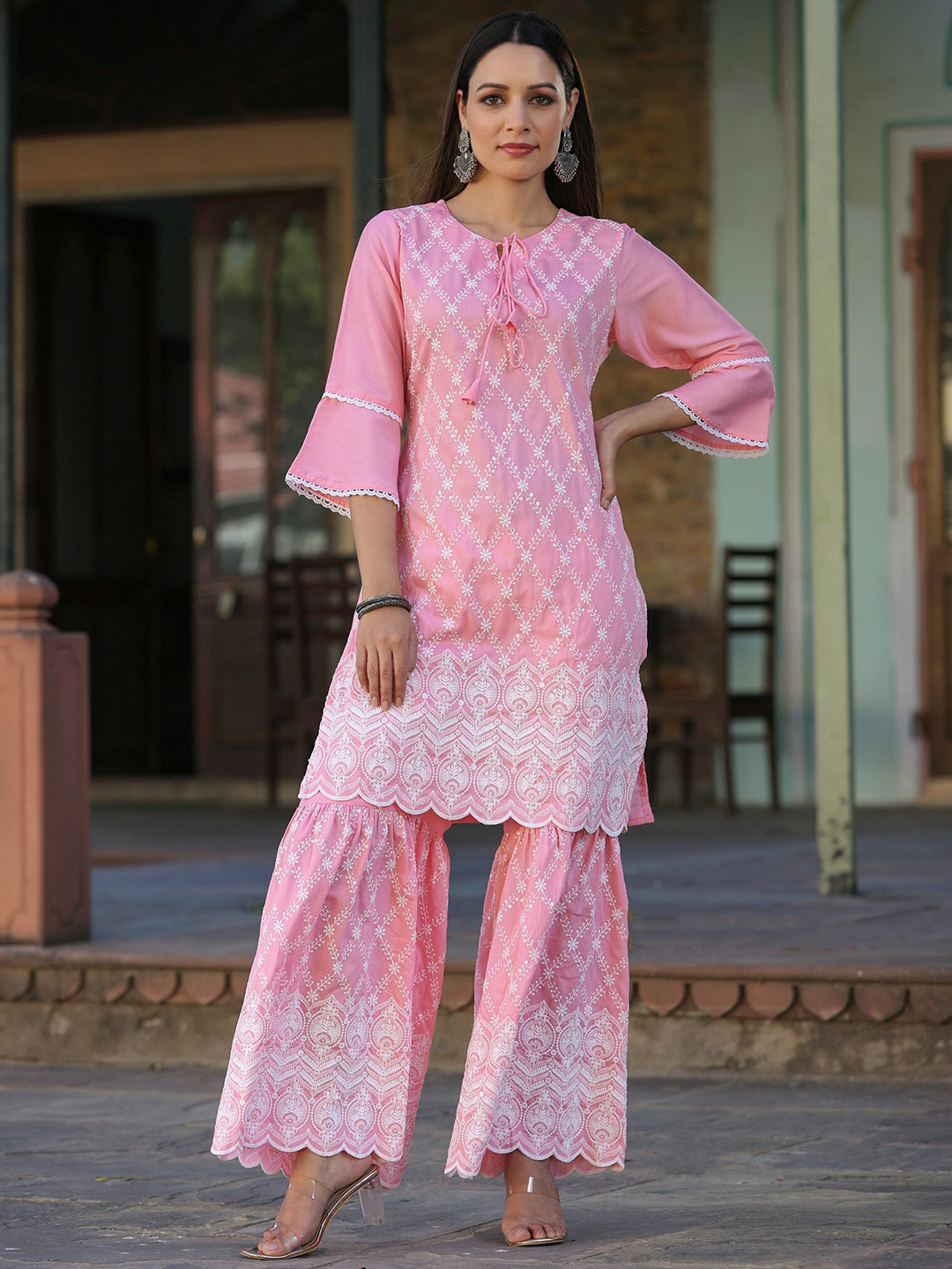 

Juniper Ethnic Motifs Embroidered Thread Work Tie-Up Neck Kurta with Sharara, Pink