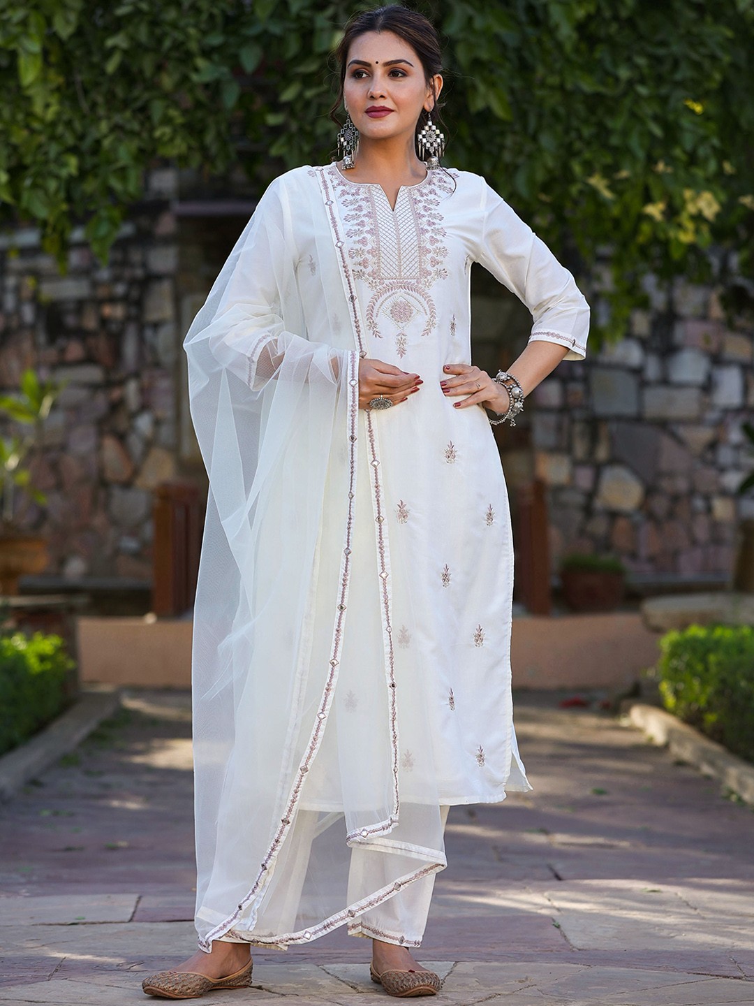 

Juniper Ethnic Motifs Zari Embroidered Kurta & Trousers With Dupatta, White