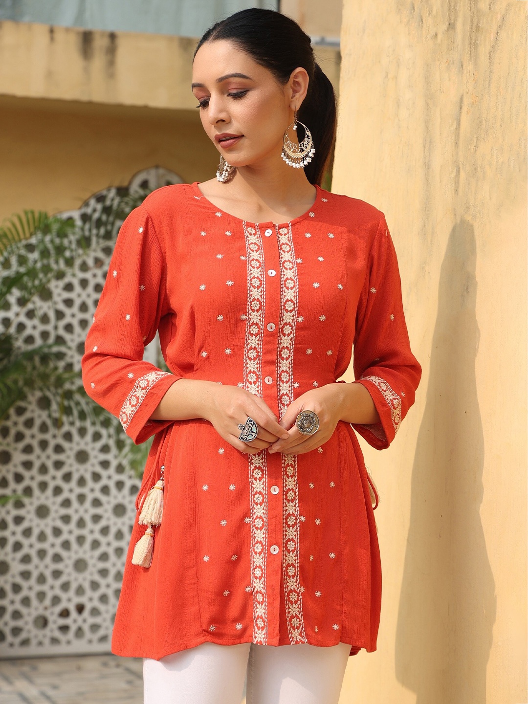

Juniper Embroidered Tunic With Tie-Up Detail, Orange