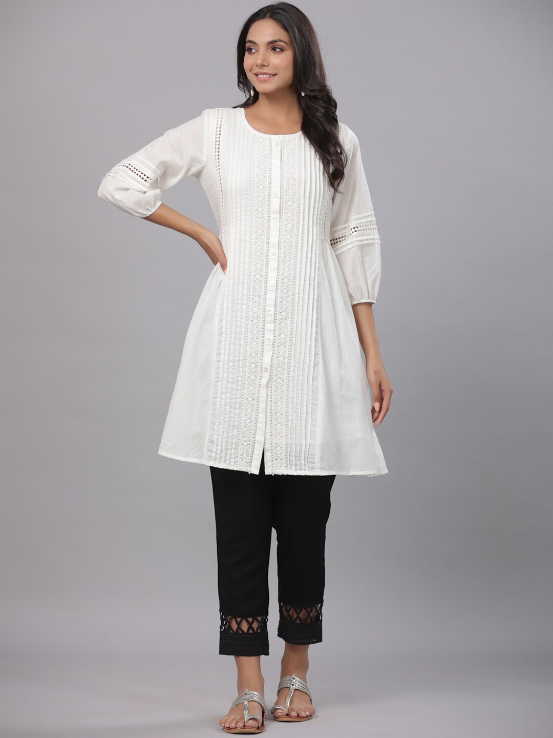 

Juniper Puff Sleeves Pleated A-Line Kurta, White