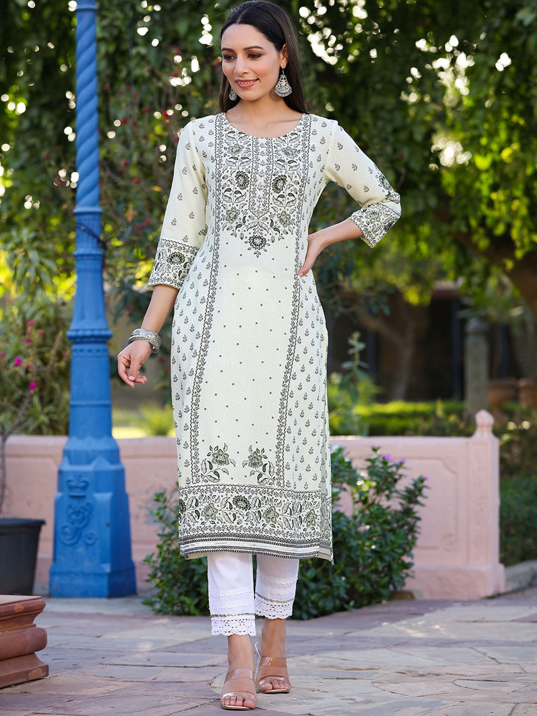 

Juniper Floral Printed Sequined Straight Kurta, Cream