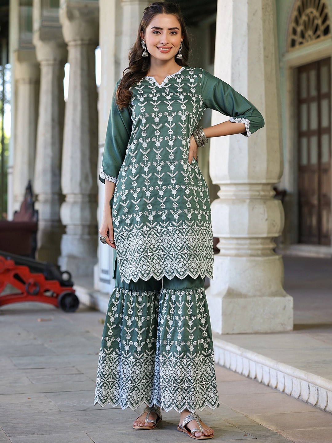 

Juniper Floral Embroidered Notched Neck Thread Work Kurta With Sharara, Green