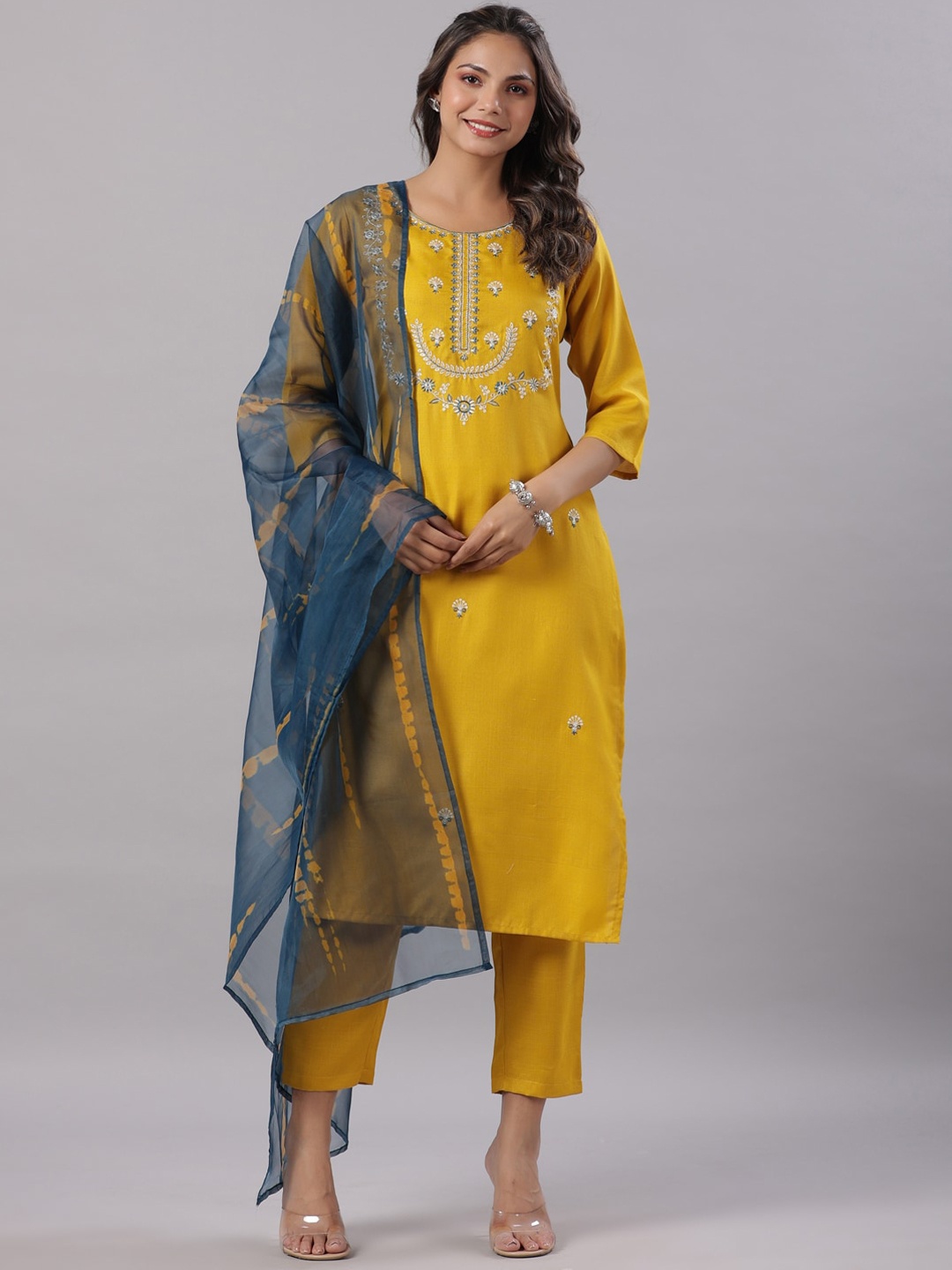 

Juniper Floral Embroidered Thread Work Kurta With Trousers & Dupatta, Mustard