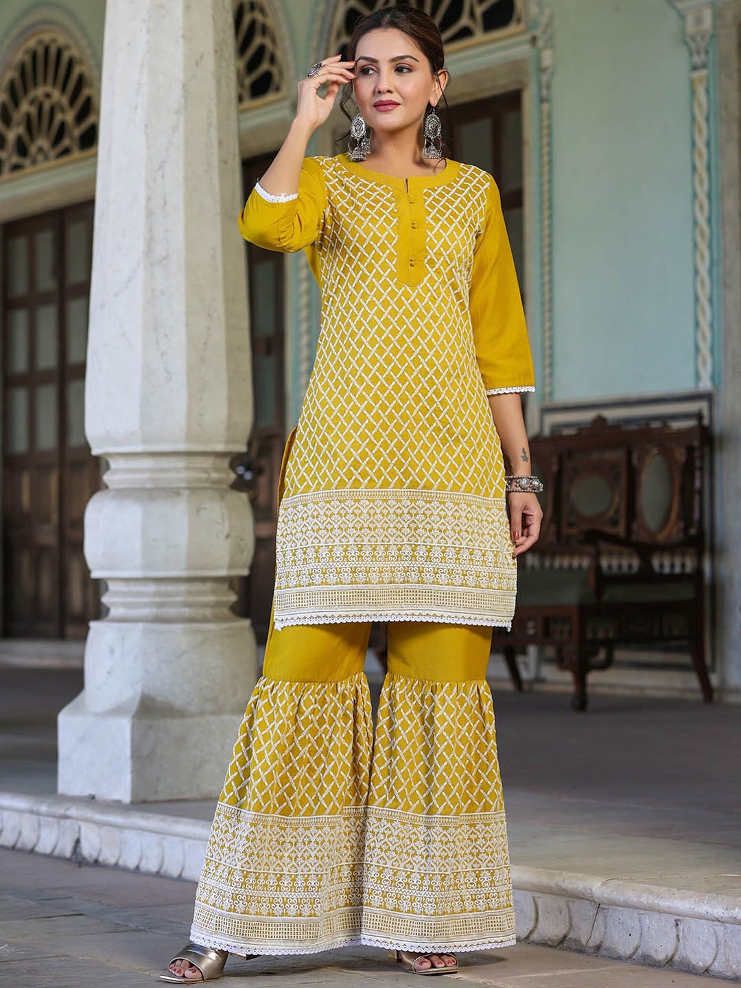 Juniper Ethnic Motifs Embroidered Notched Neck Thread Work Kurti With Sharara, Mustard