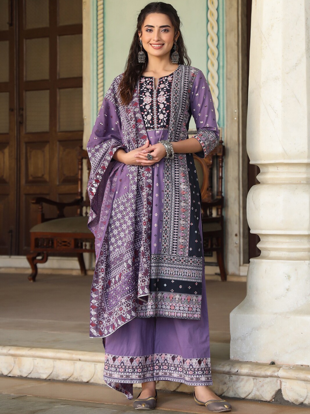 

Juniper Ethnic Motif Printed Notched Neck Pure Cotton Kurta With Palazzos & Dupatta, Lavender