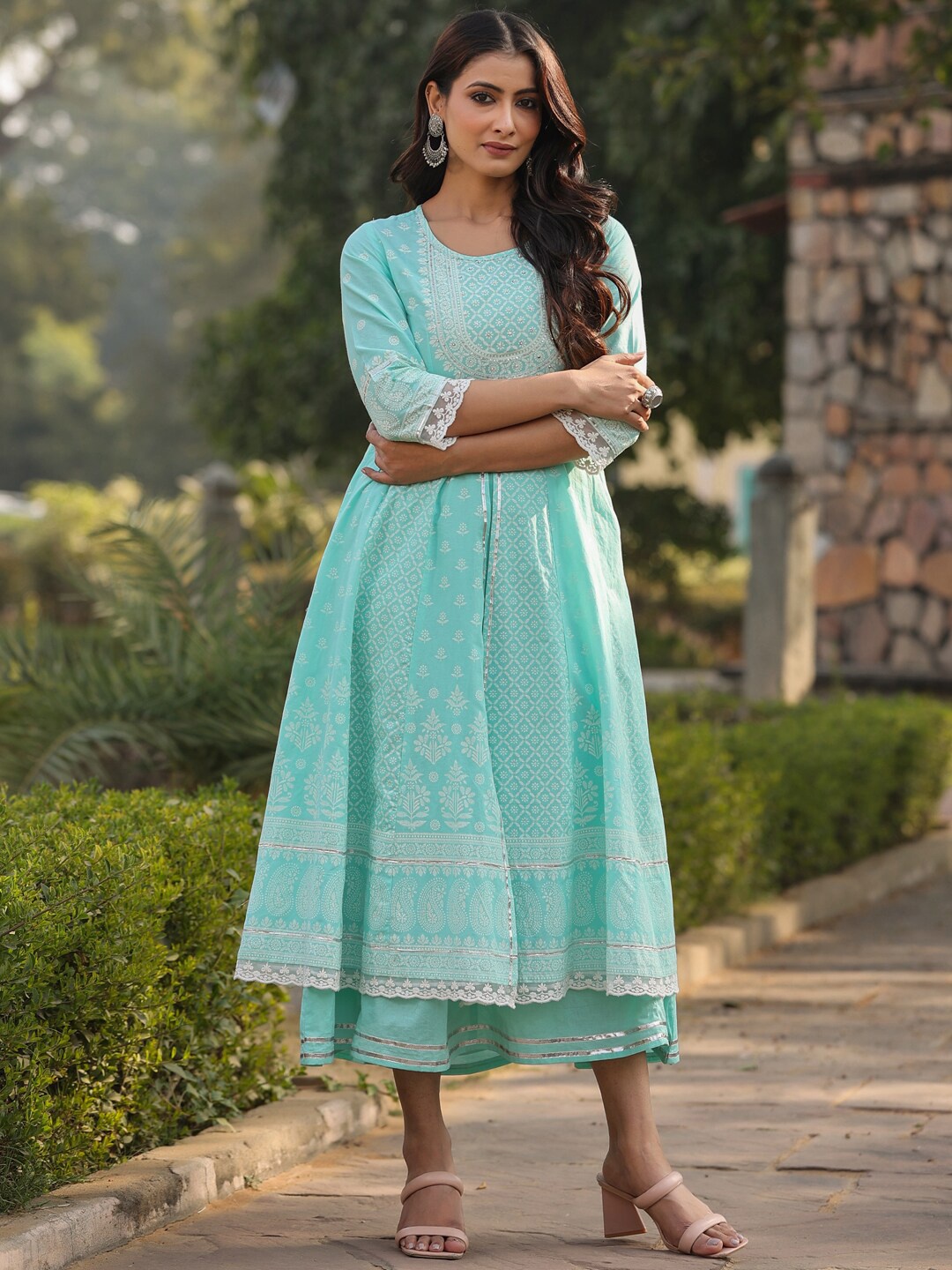 

Juniper Embroidered Fit & Flared Layered Midi Ethnic Dress, Turquoise blue