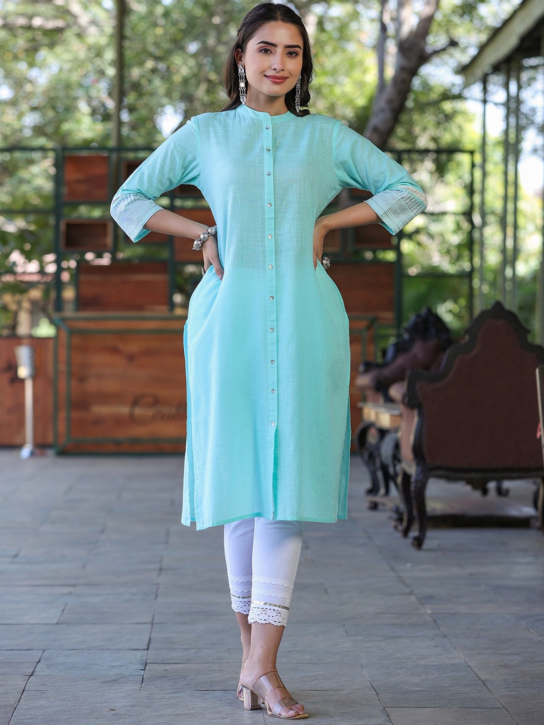 

Juniper Band Collar Straight Kurta, Turquoise blue