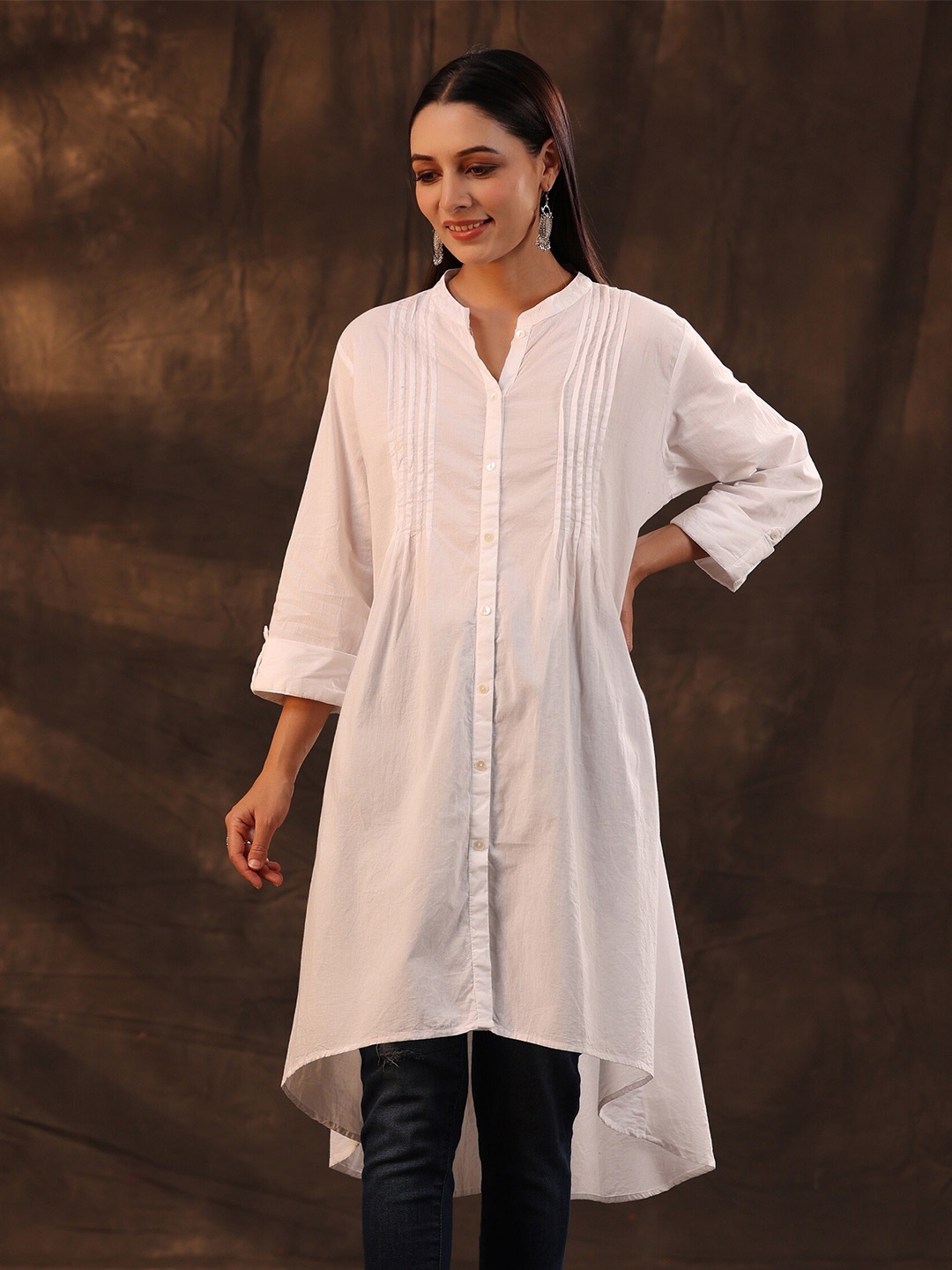 

Juniper Mandarin Collar Cotton High-Low Tunic, White