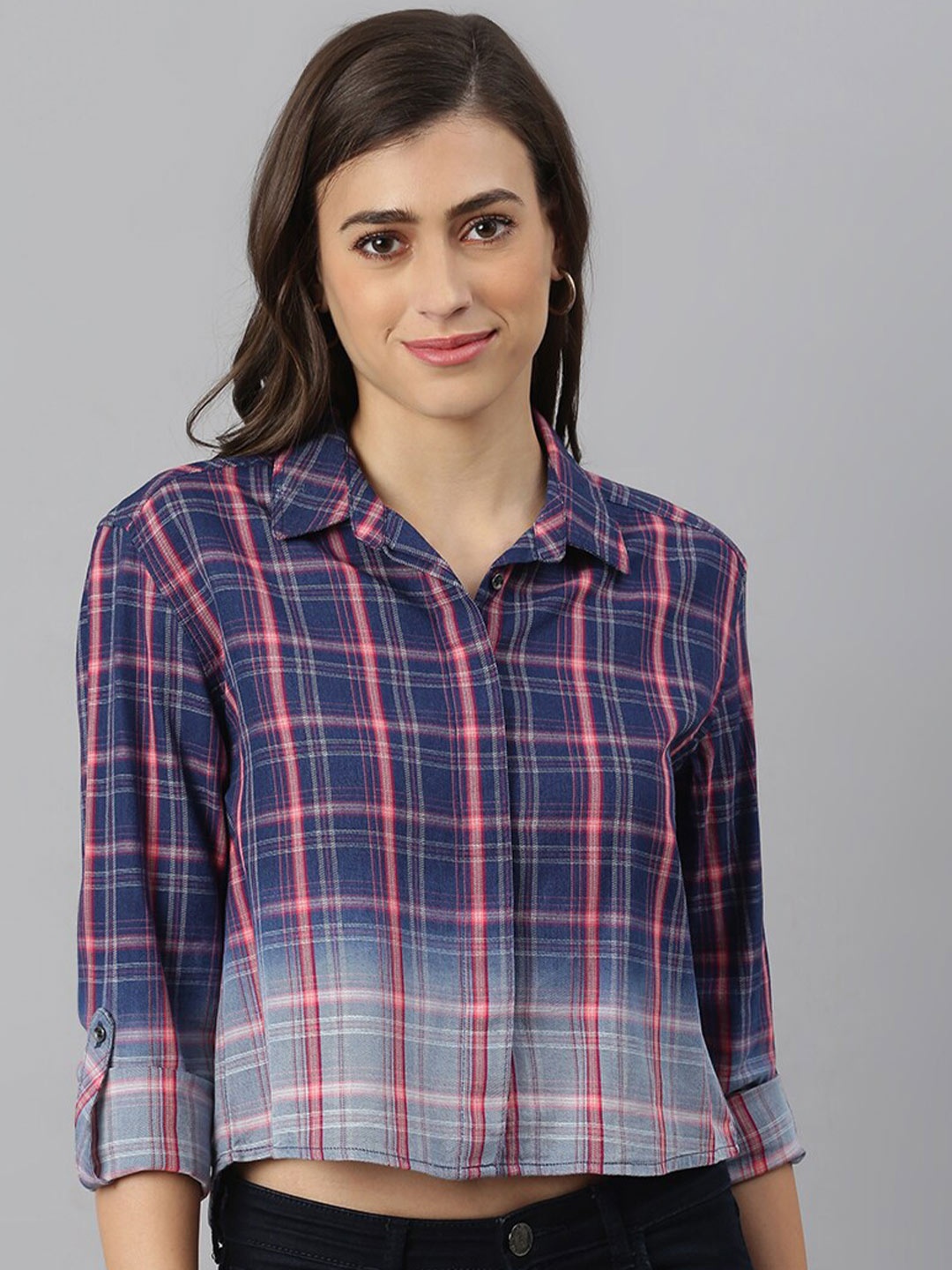 

Xpose Checked Spread Collar Comfort Tartan Checks Ombre Pure Cotton Crop Casual Shirt, Navy blue