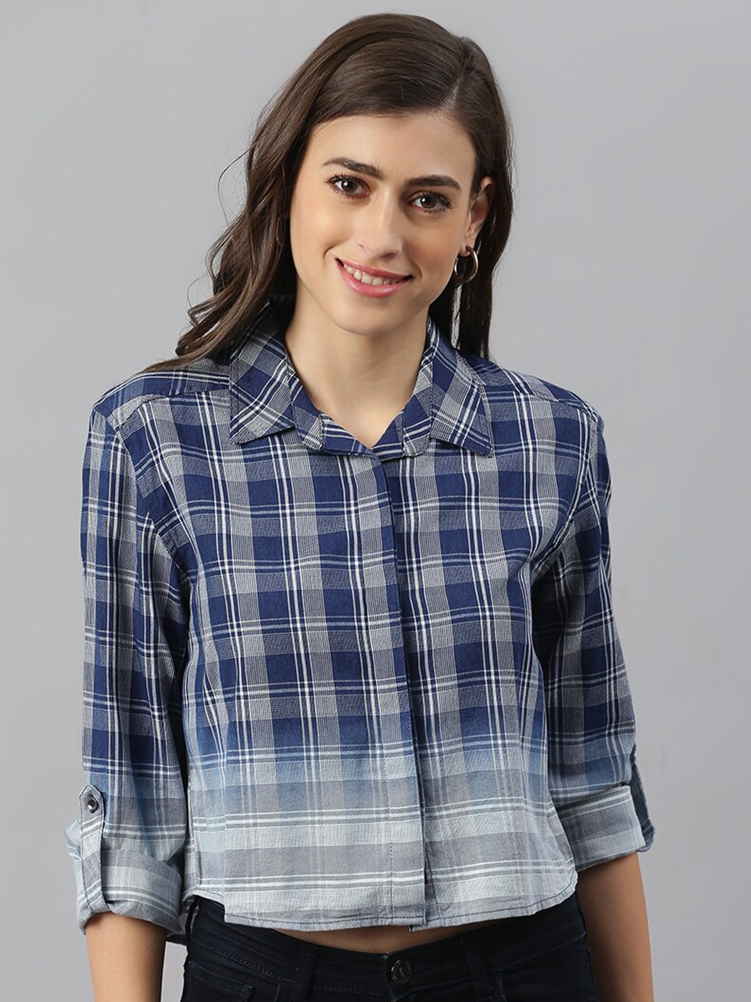 

Xpose Checked Spread Collar Comfort Tartan Checks Ombre Pure Cotton Crop Casual Shirt, Navy blue