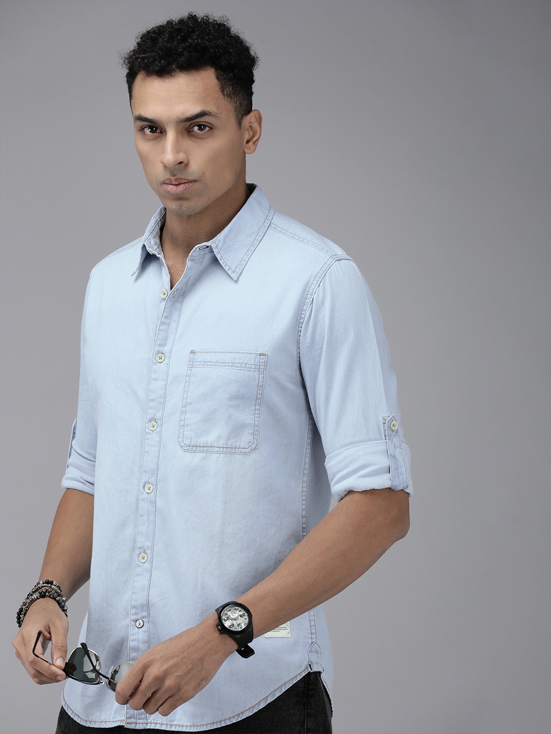 

The Roadster Life Co. Pure Cotton Chambray Casual Shirt, Blue