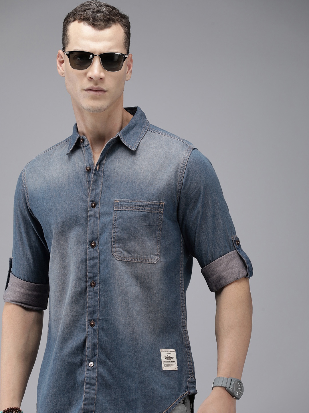 

The Roadster Life Co. Ombre Faded Pure Cotton Chambray Casual Shirt, Blue