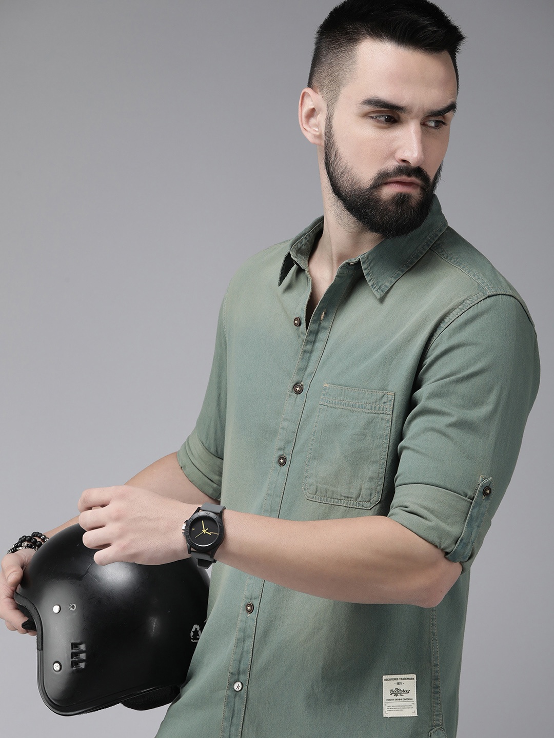 

The Roadster Life Co. Faded Pure Cotton Denim Casual Shirt, Olive