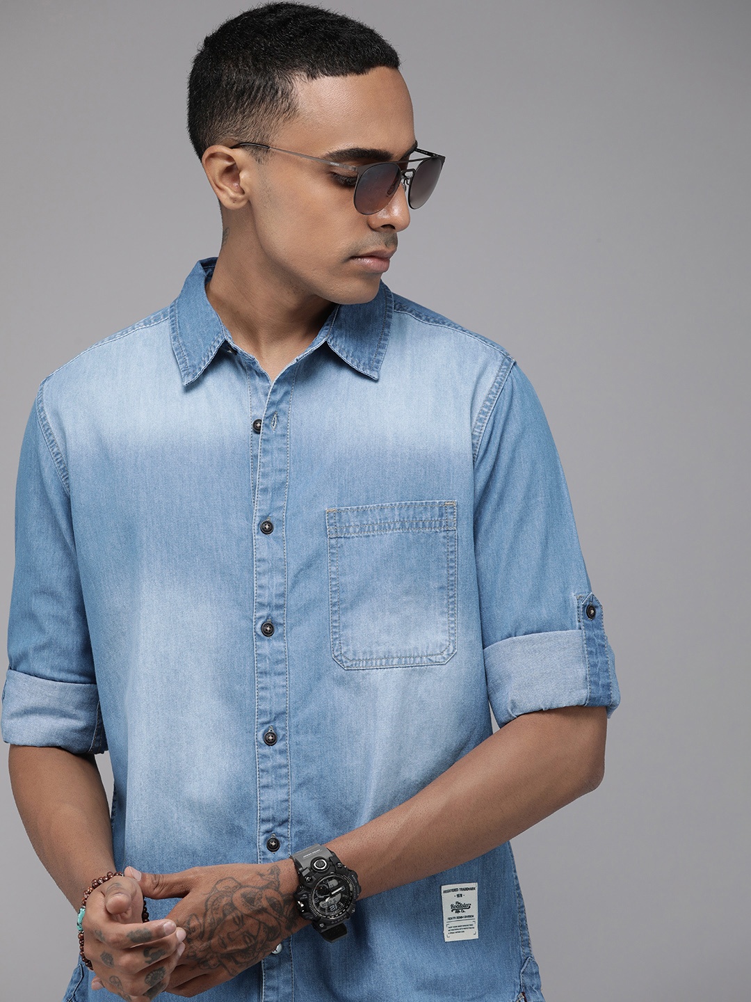 

The Roadster Life Co. Solid Pure Cotton Chambray Casual Shirt, Blue