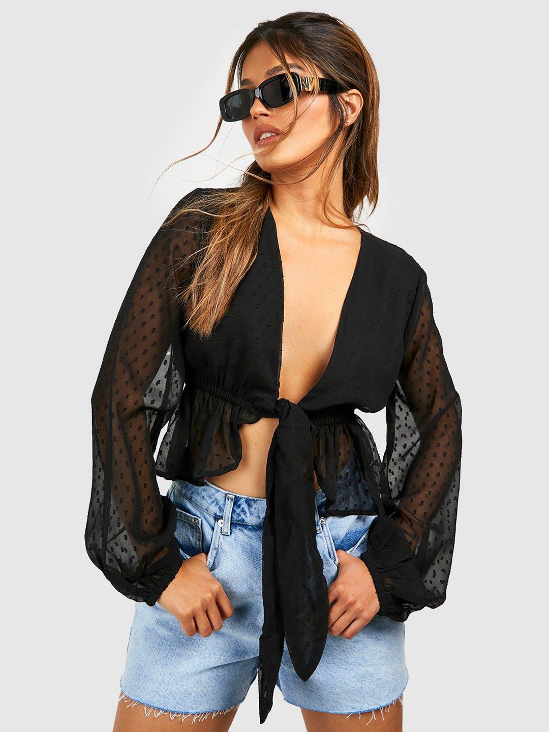 

Boohoo Dobby Puff Sleeve Crop Top, Black