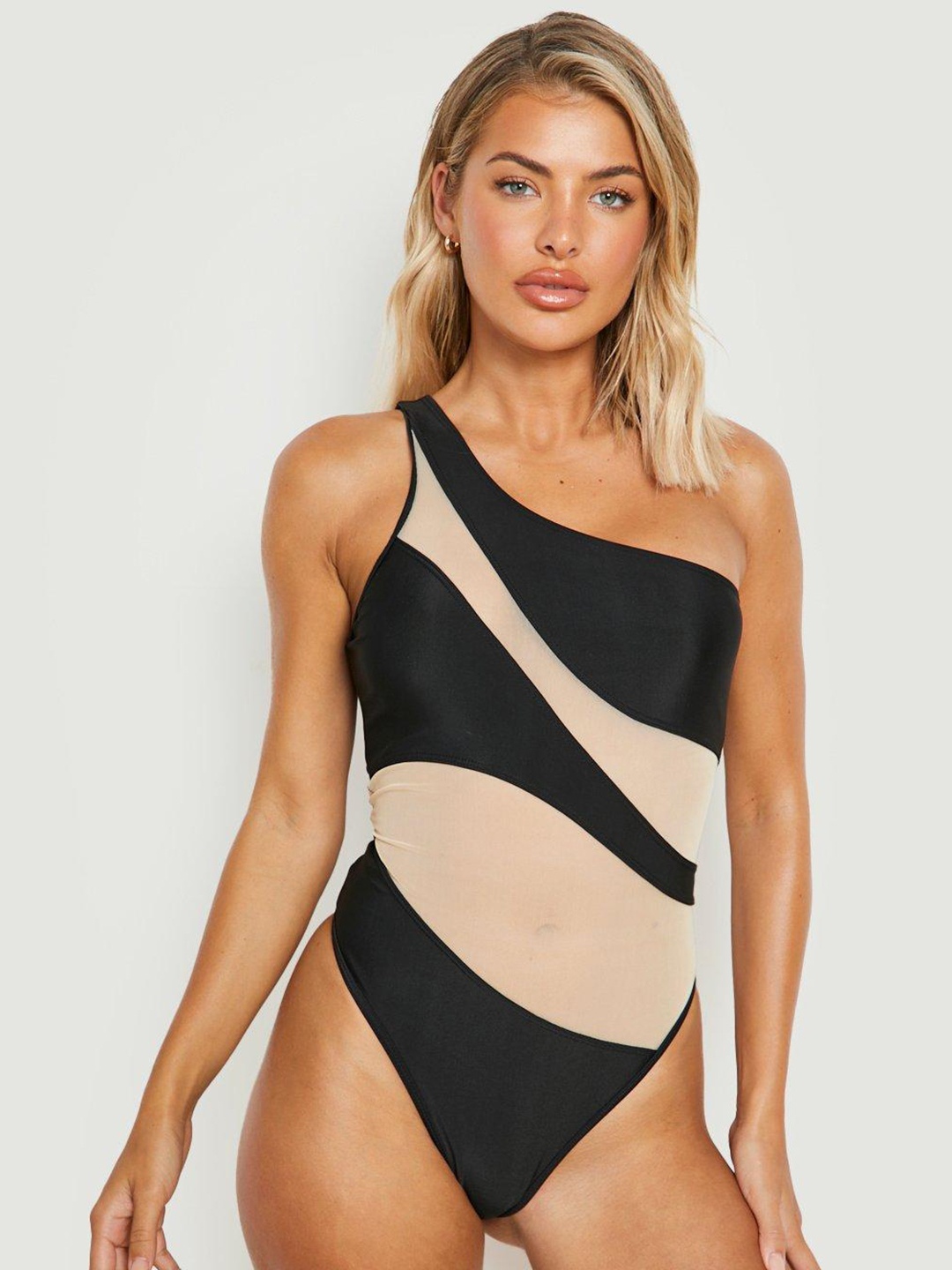 

Boohoo Mesh Insert One Shoulder Swimsuit, Black