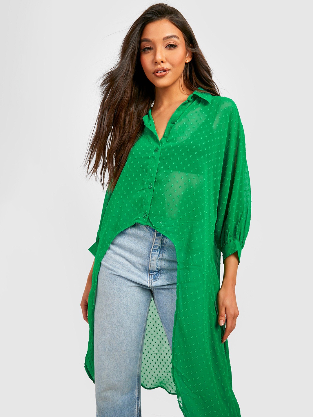 

Boohoo Dobby Weave High-Low Semi Sheer Casual Shirt, Green