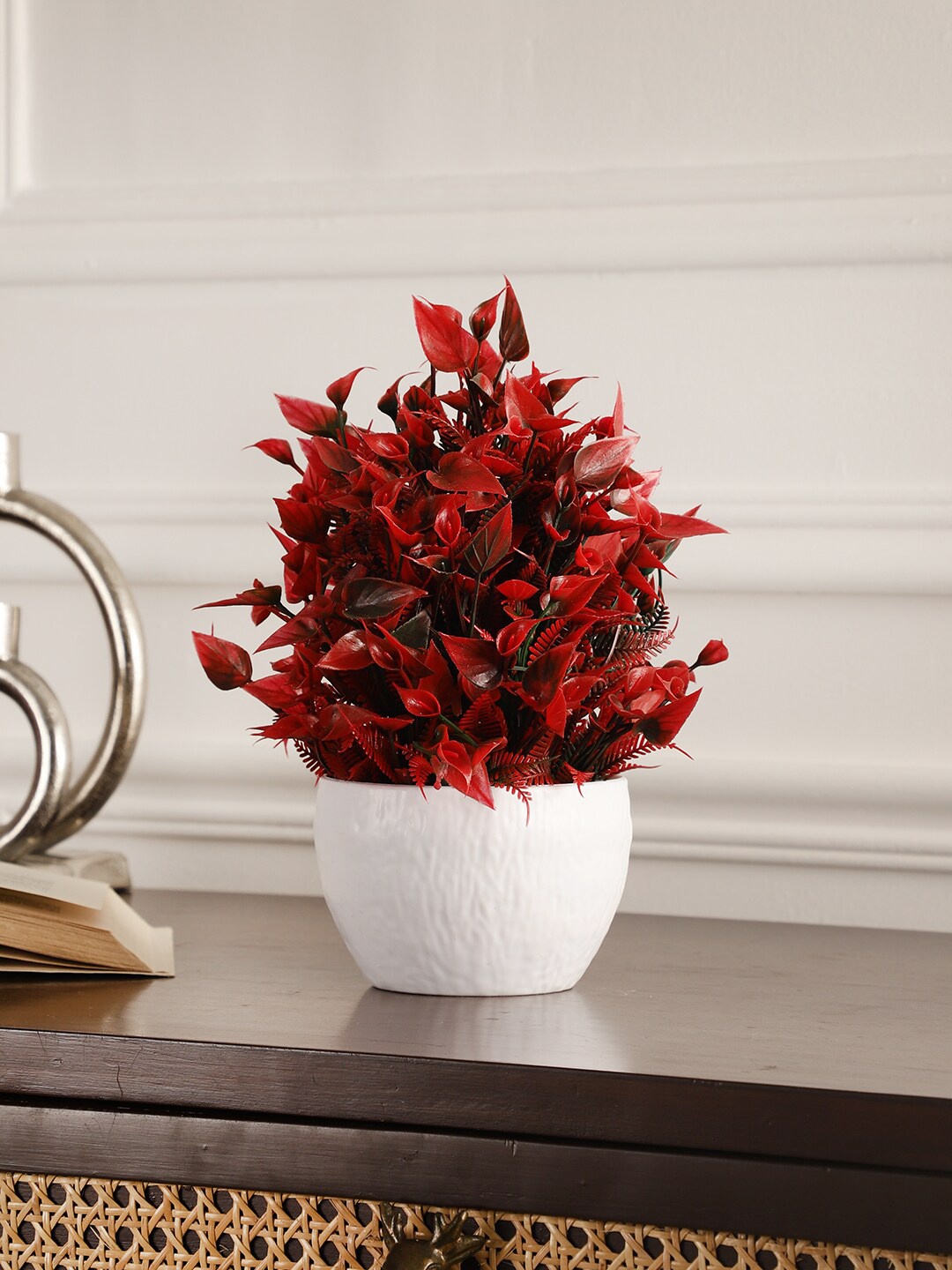 

FOLIYAJ Red & White Artificial Leaves & Flower With Pot