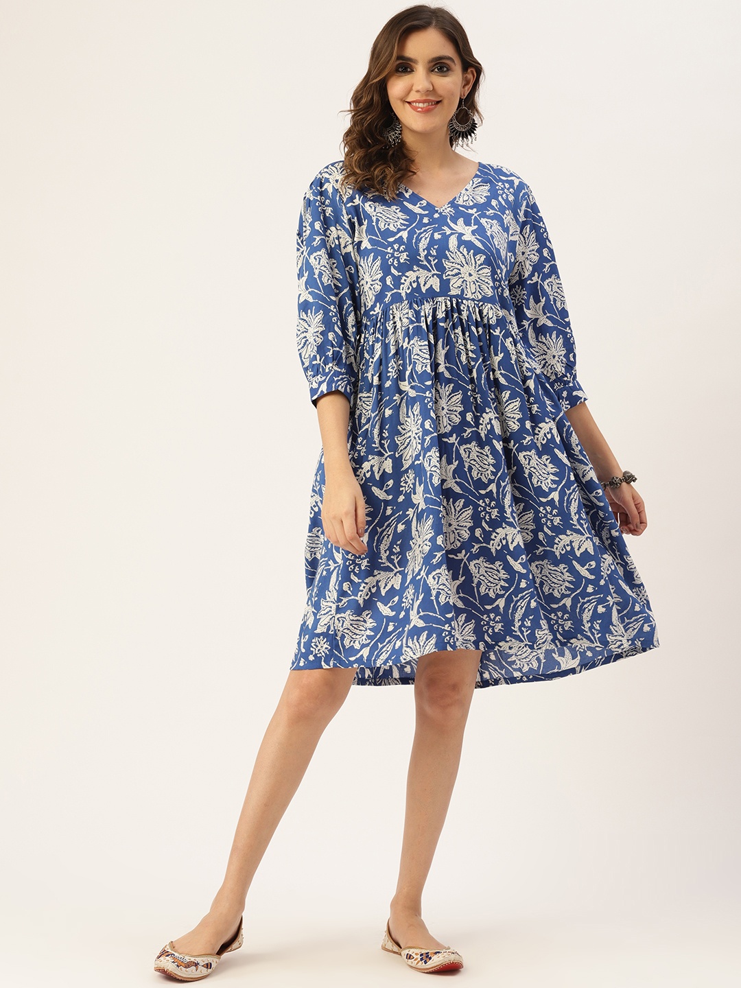 

Jaipur Morni Floral Print Puff Sleeves Ethnic Dress, Blue