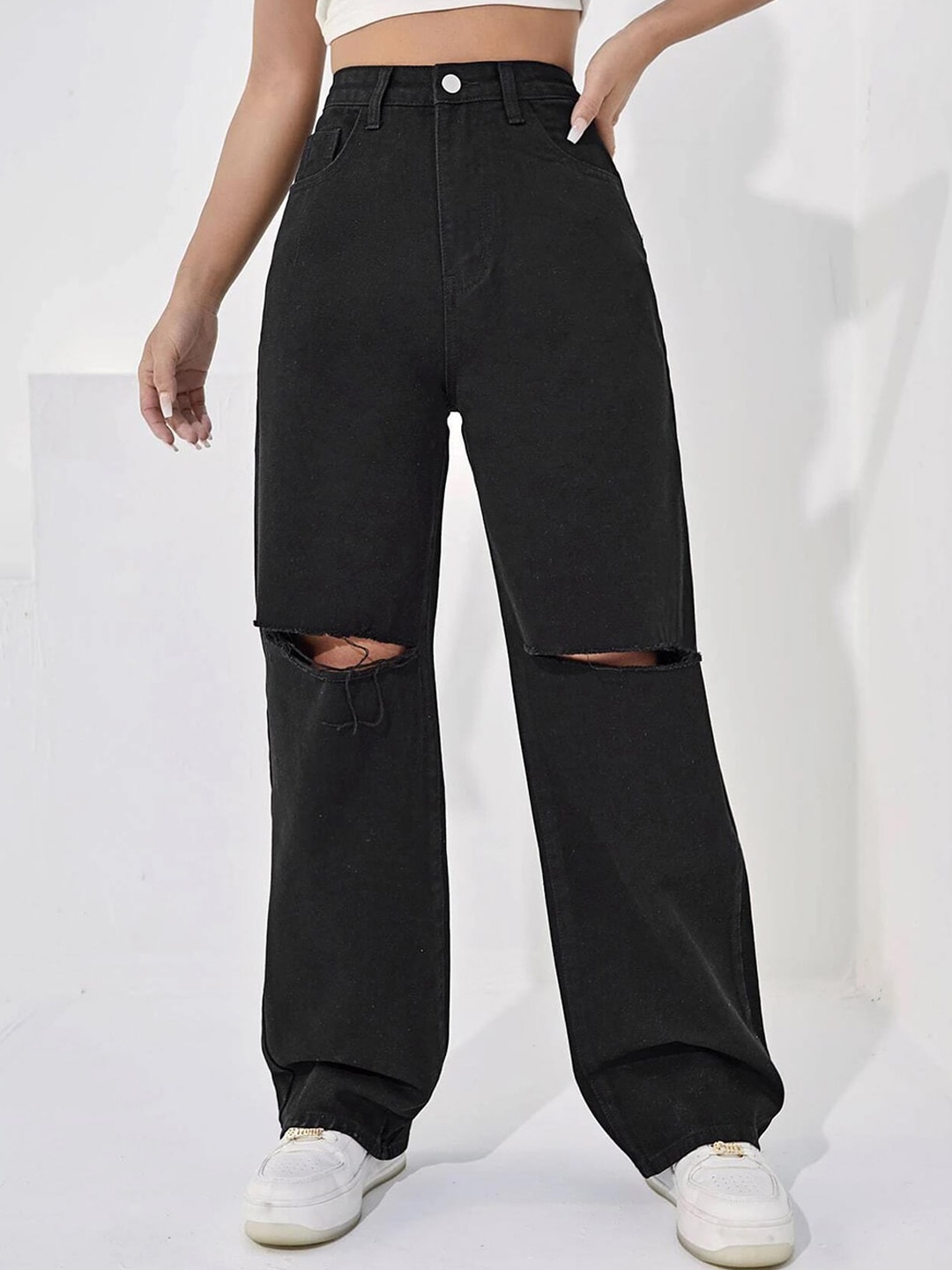

Kotty Women Straight Fit High-Rise Slash Knee Stretchable Jeans, Black