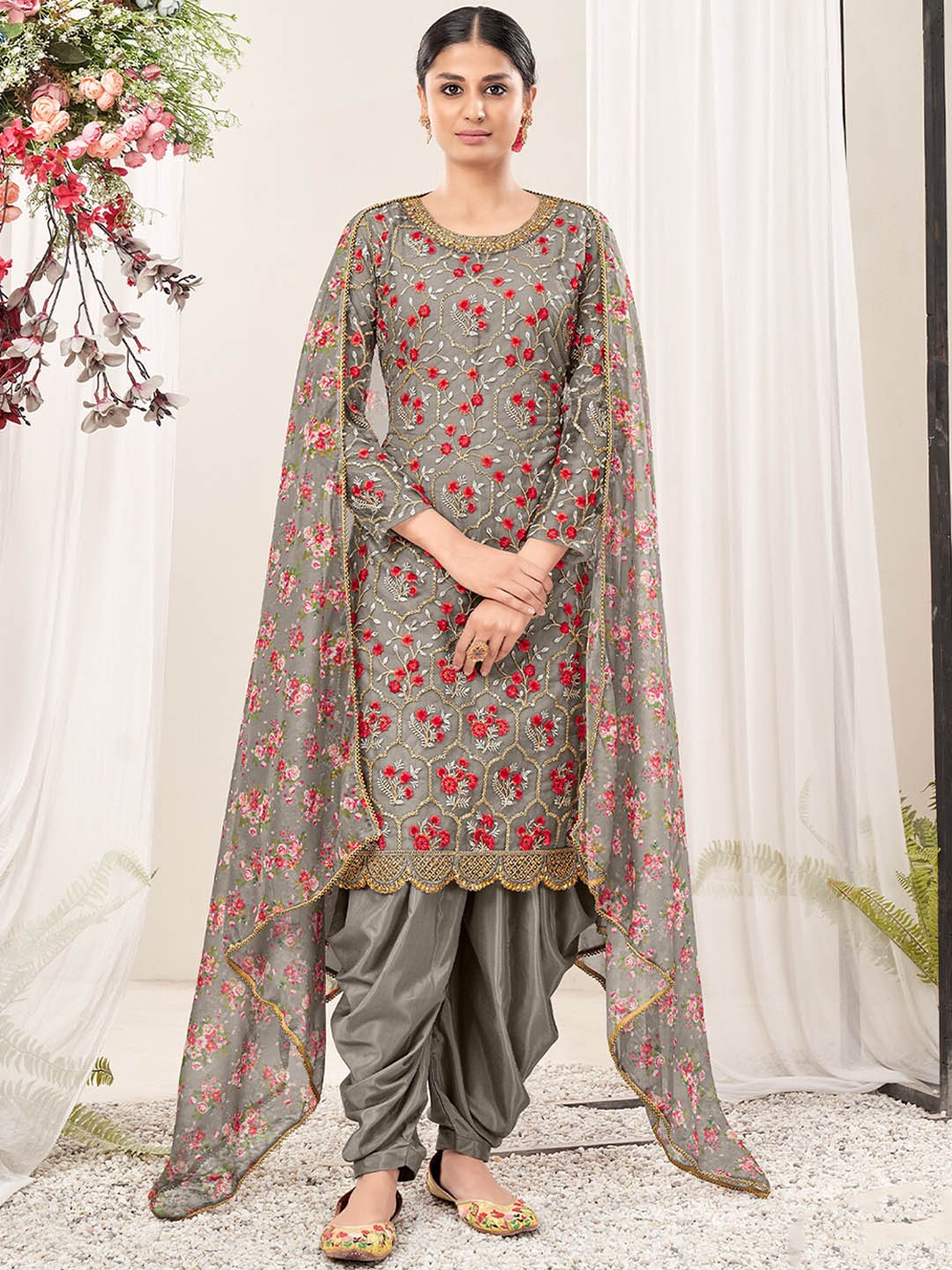 

ODETTE Floral Embroidered Sequined Kurta With Patiala & Dupatta, Grey