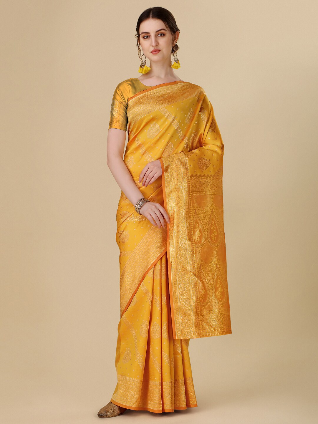 

Dhyey Fashion Woven Design Zari Art Silk Banarasi Saree, Yellow