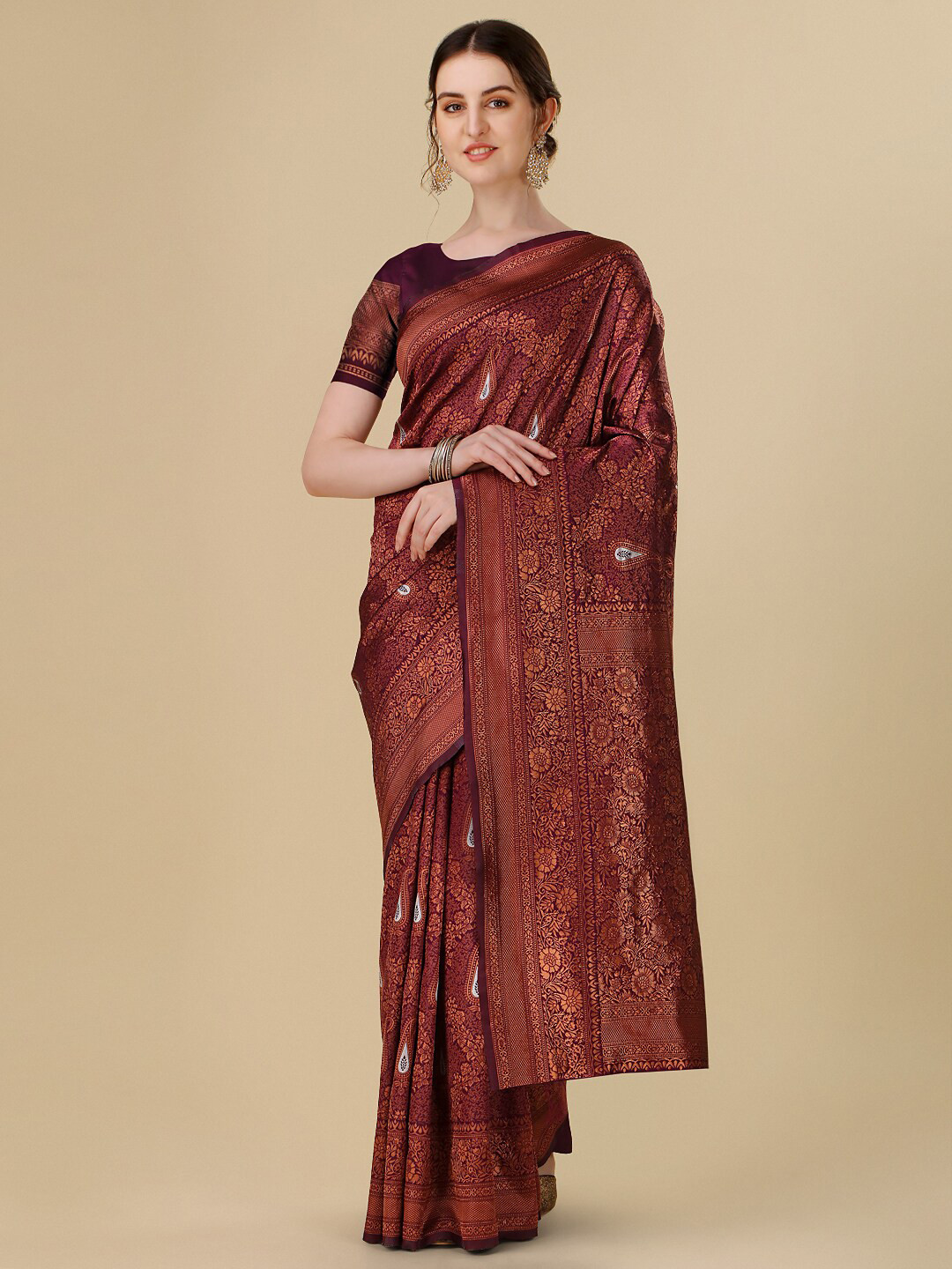 

Dhyey Fashion Ethnic Motifs Woven Design Zari Art Silk Banarasi Saree, Burgundy