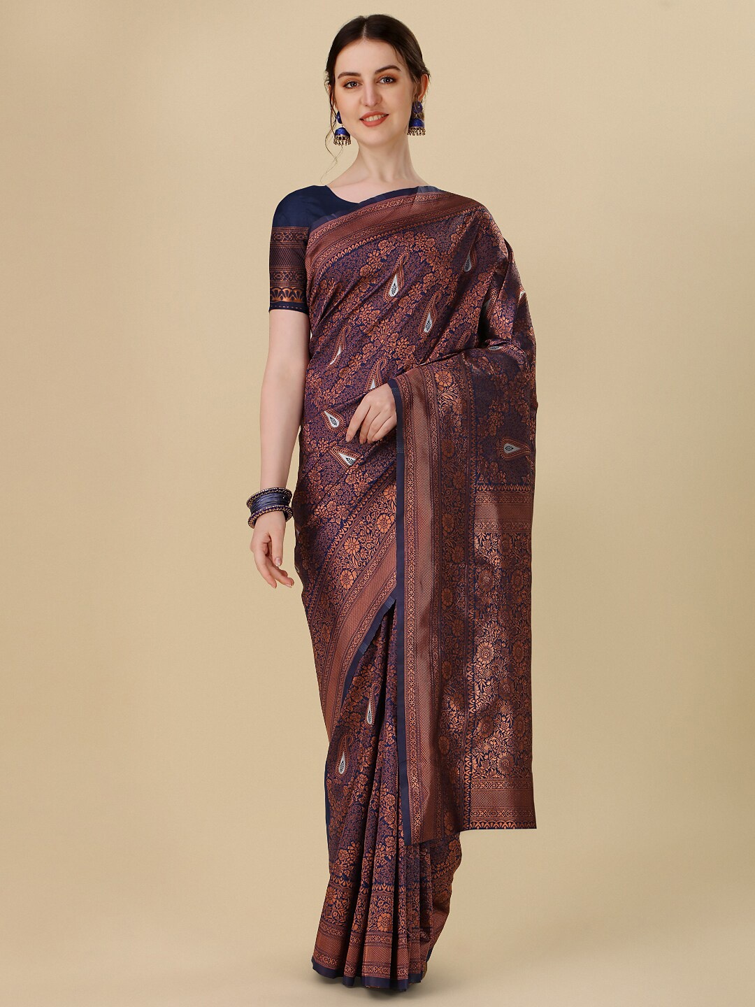 

Dhyey Fashion Ethnic Motifs Woven Design Zari Art Silk Banarasi Saree, Navy blue